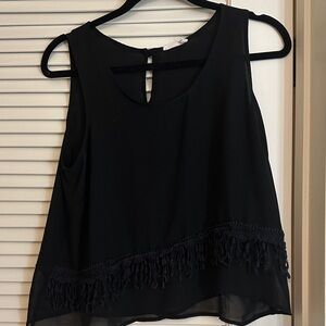 Lush Black Tank Top with Fringe Accent sheer